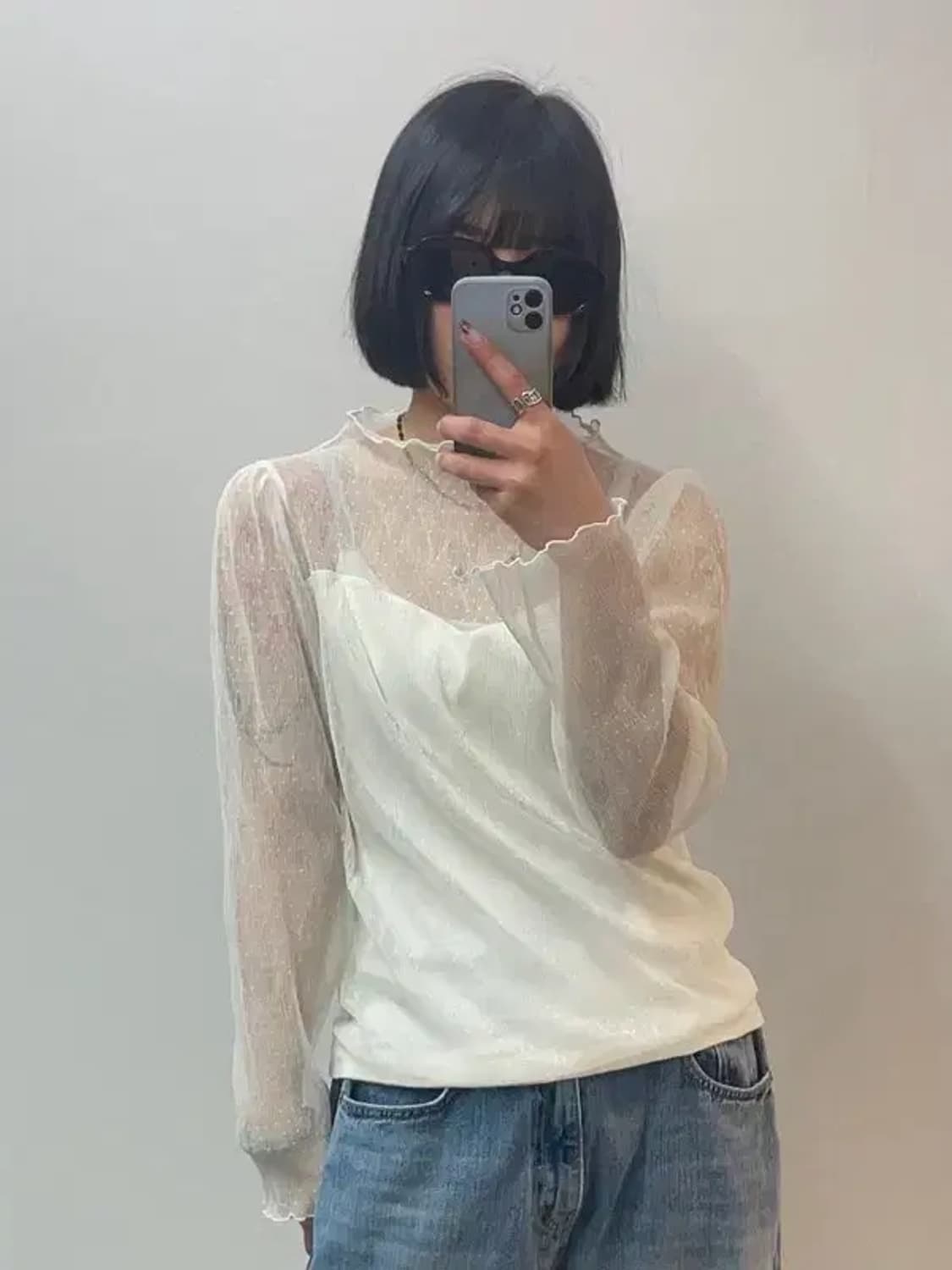 프리 빈티지 플라워 레이스 시스루 블라우스 아이보리 상품이미지1