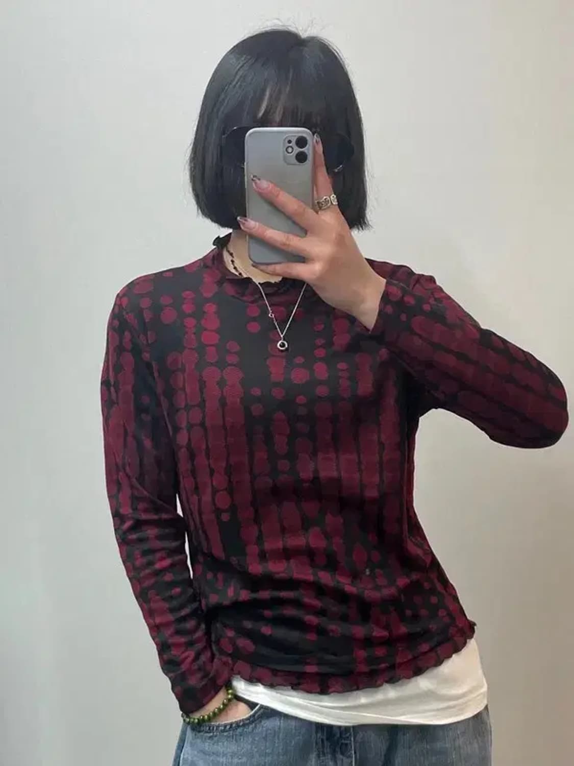 프리 빈티지 레이어드 하이넥 롱슬리브 탑 레드 상품이미지1