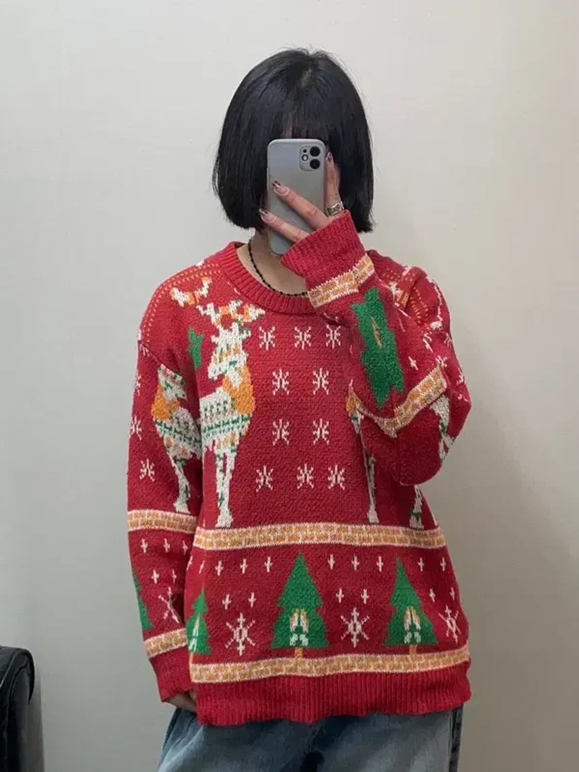 프리 사슴 크리스마스트리 패턴빈티지 스웨터 상품이미지1