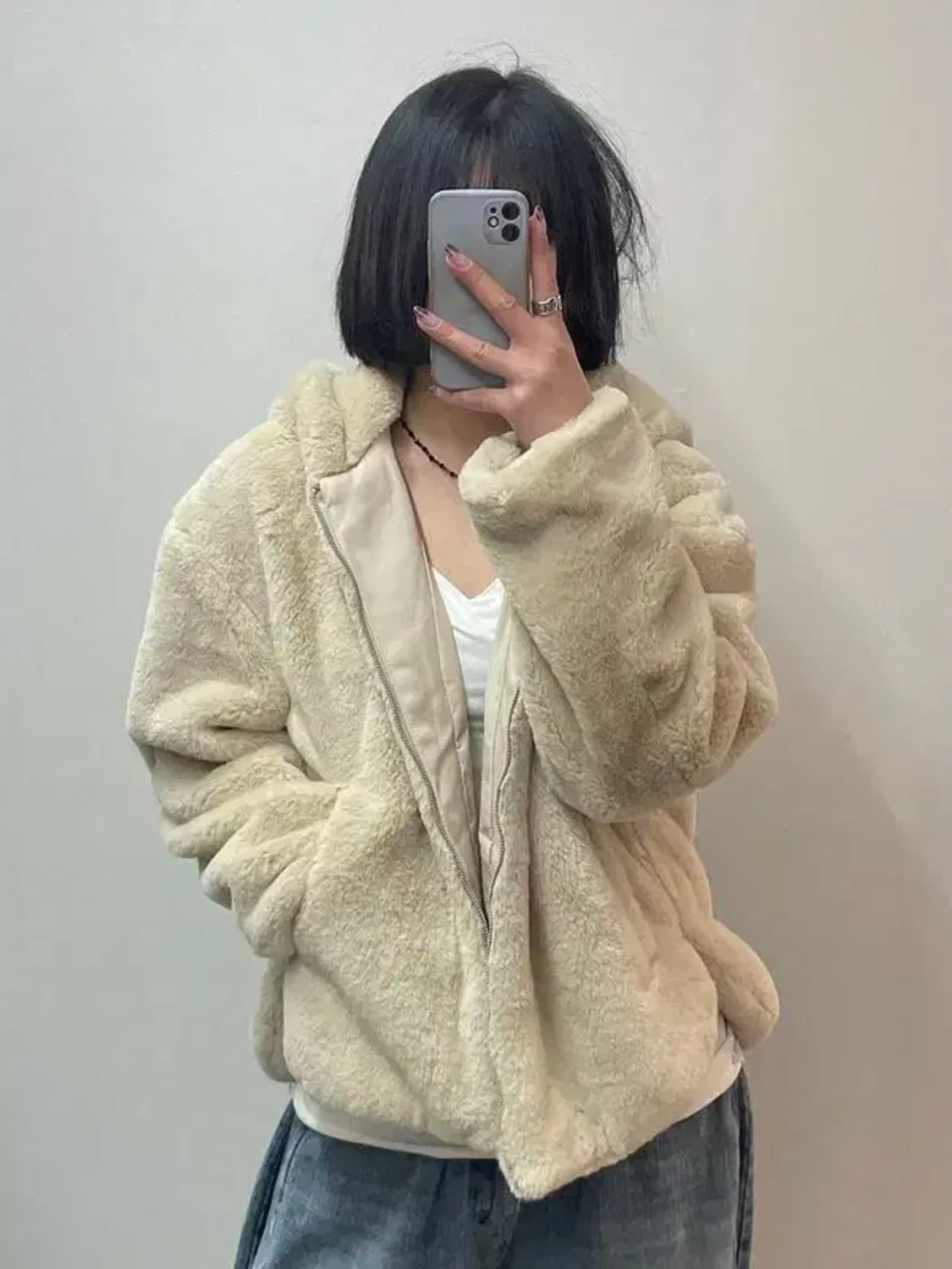 스몰 자라 크롭 베이지색 퍼 후드 집업 재킷 상품이미지1