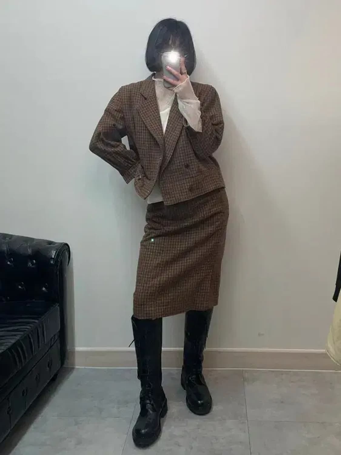 코디세트 jpn 여자 울 체크 자켓 스커트 셋업 상품이미지1