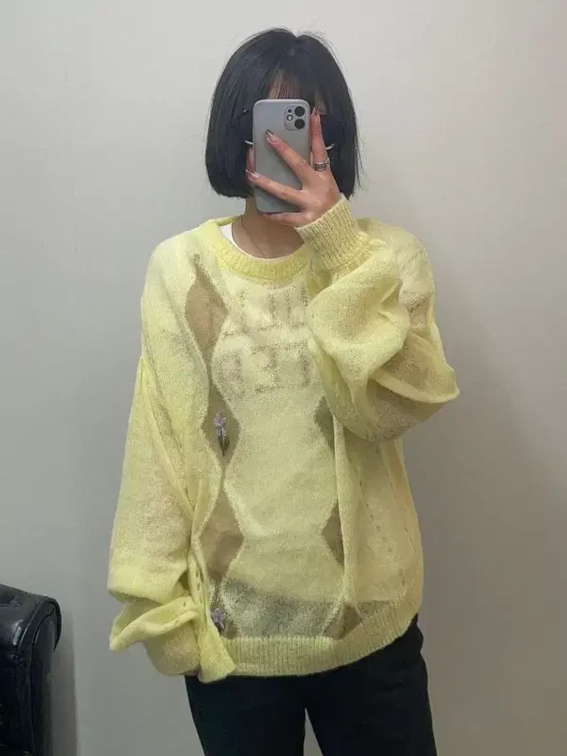 프리 새상품 wooha 아가일 패턴 옐로우 니트 상품이미지1