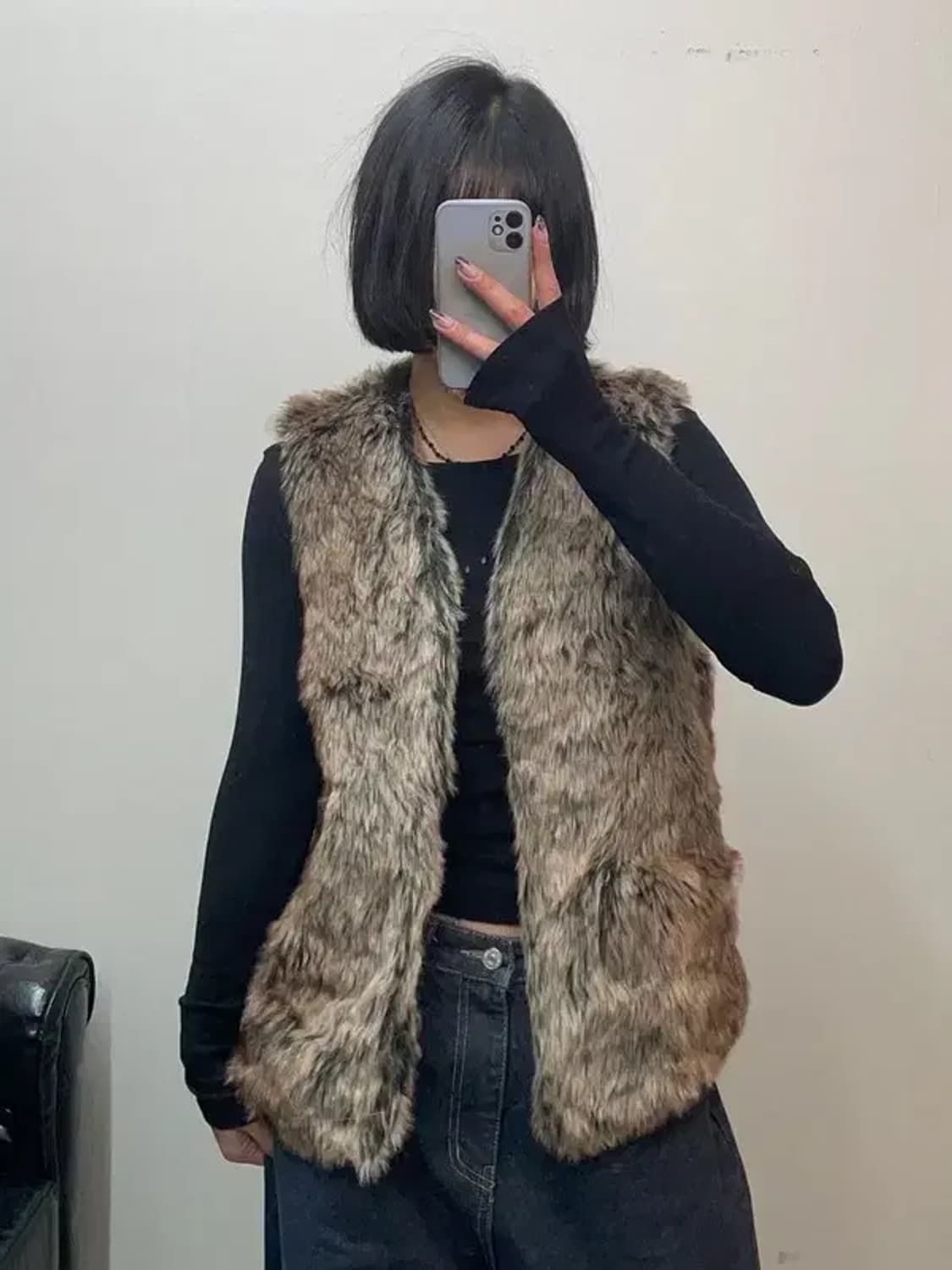 미디움 JPN 브라운톤 아크릴 페이크퍼 논버튼 퍼자켓 조끼 베스트 상품이미지1