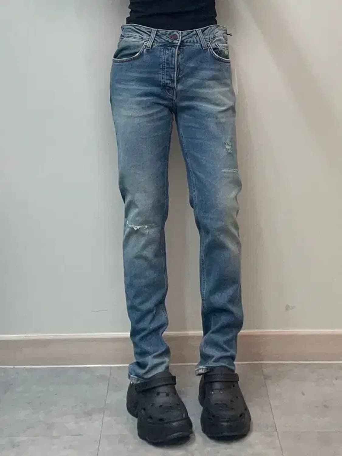 30 새상품 하이쿠레 데미지 워싱 슬림핏 청바지 팬츠 상품이미지1