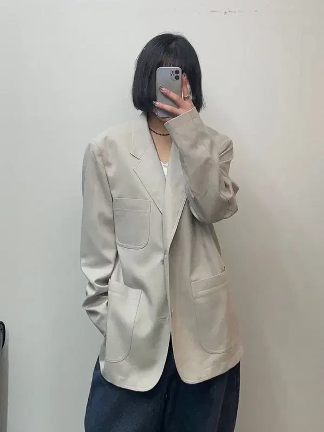 라지 쿠어 2버튼 오버핏 블레이져  다크베이지 상품이미지1