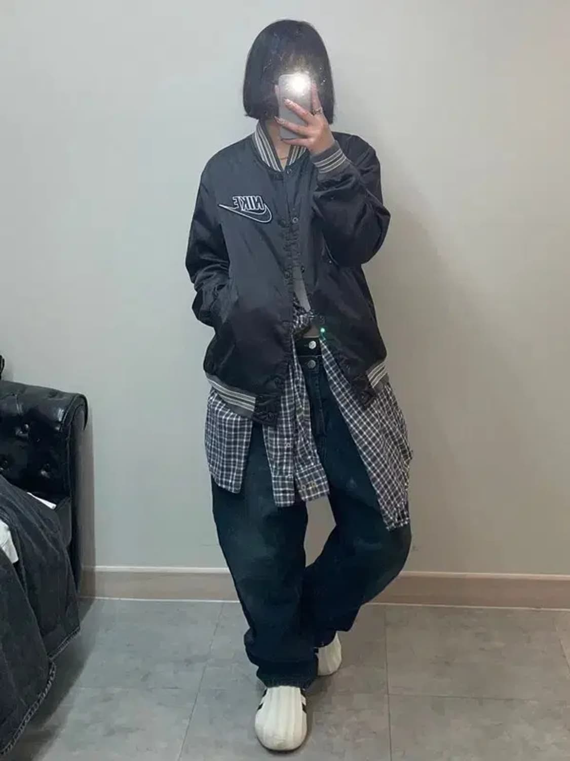 라지 나이키 올드스쿨 스우시 야구점퍼 자켓 블랙 오버핏 상품이미지1