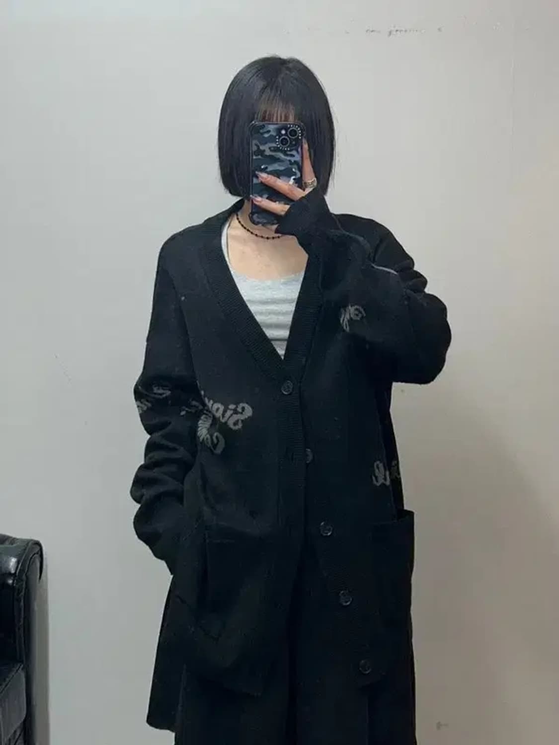 프리 시그니피컨트 레터링 자가드 니트 가디건 상품이미지1