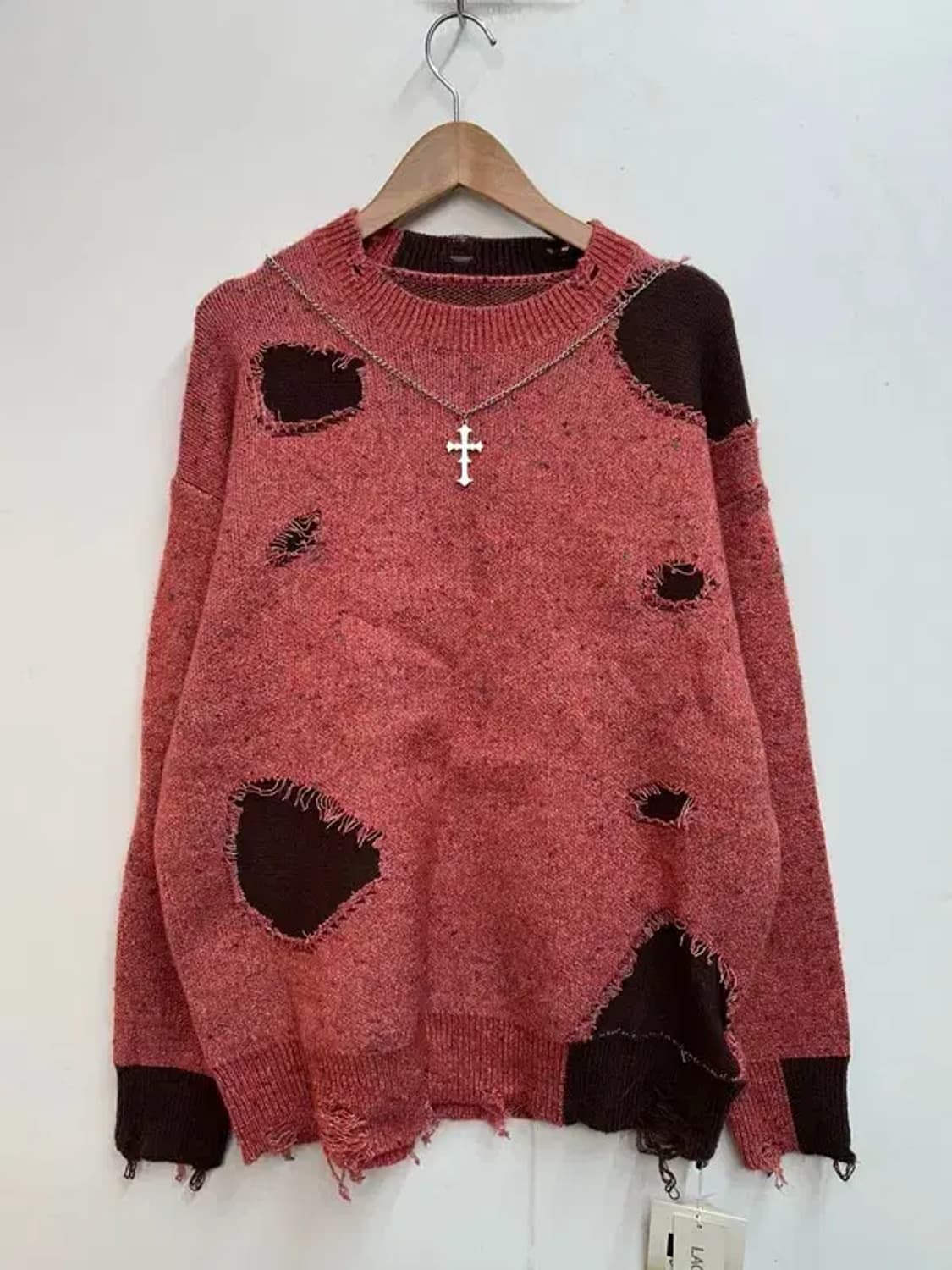 새상품 LACRAWFISH 십자가 디스트레스드 니트 멜란지 핑크 상품이미지2