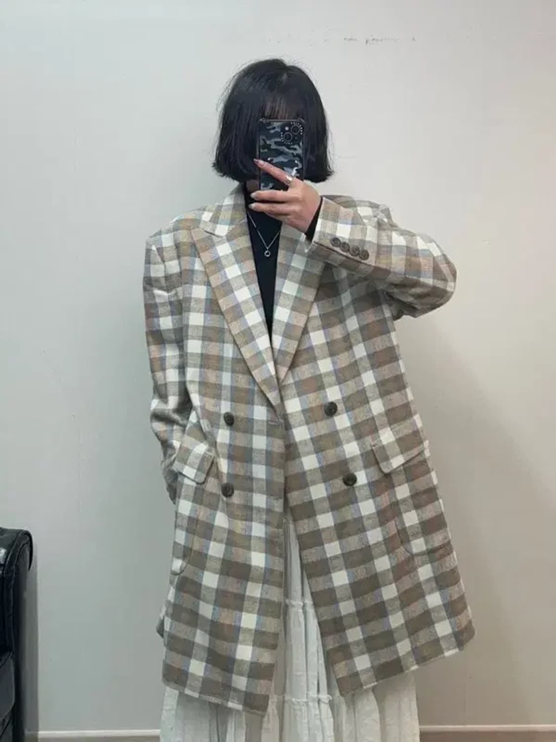 프리 WOLF 체크 더블 오버핏 롱 코트 상품이미지1