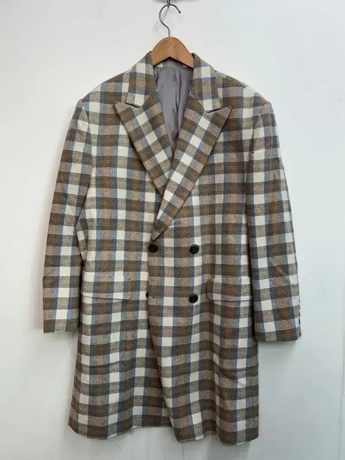 프리 WOLF 체크 더블 오버핏 롱 코트 상품이미지2