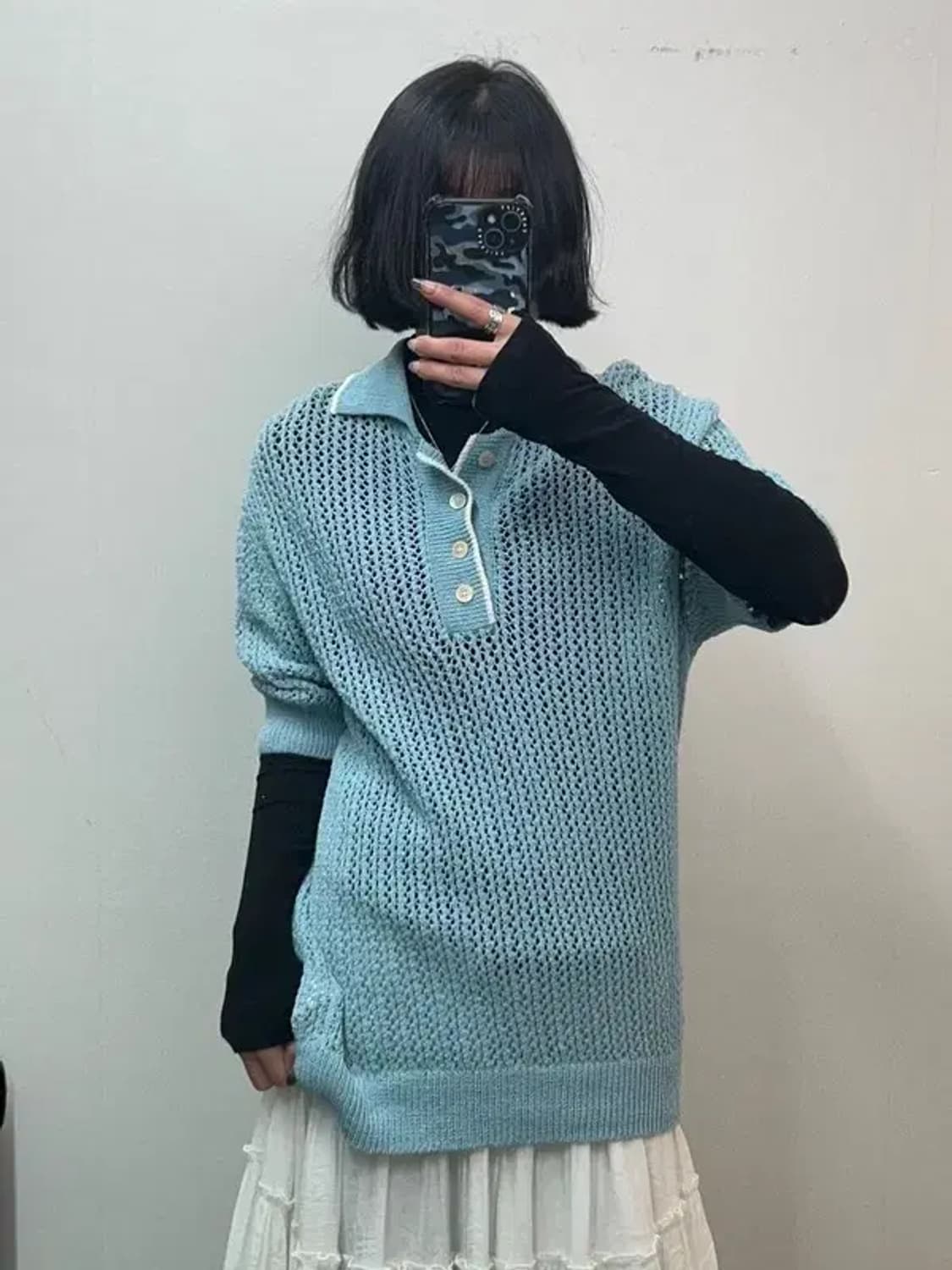 새상품 미디움 노앙 크로셰 반팔 칼라 니트 라이트 블루 상품이미지1