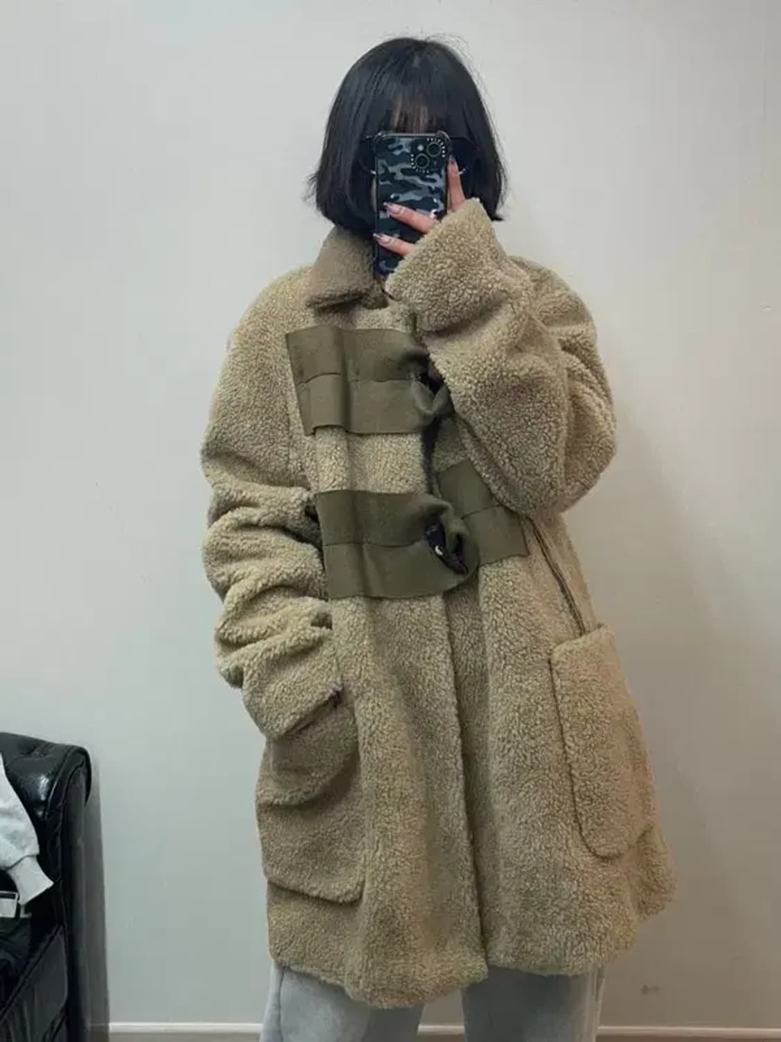 프리 새상품 노앙 오버사이즈 포켓 플리스 코트 카키 상품이미지1