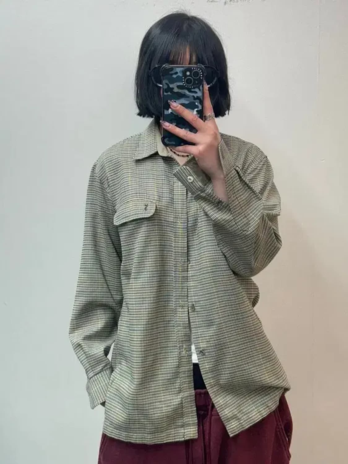 라지 90s 입생로랑 투포켓 오버핏 체크 셔츠 베이지 상품이미지1