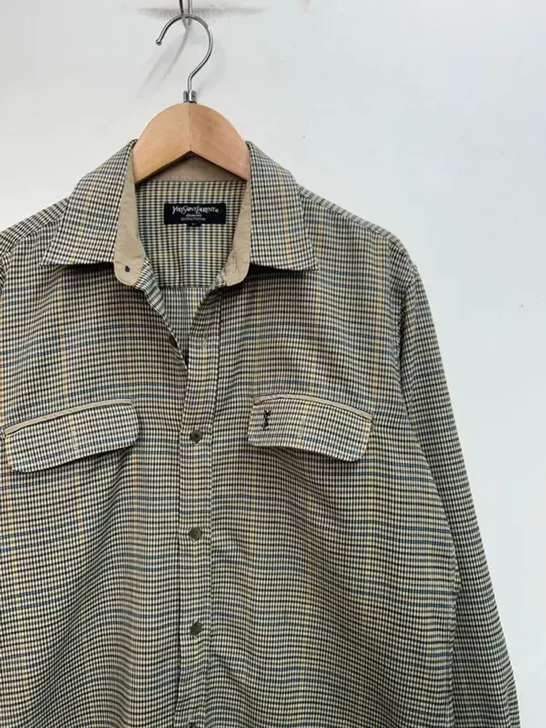라지 90s 입생로랑 투포켓 오버핏 체크 셔츠 베이지 상품이미지4