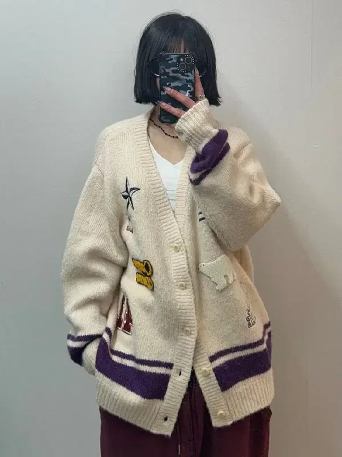 프리 지프 오버핏 스피릿 아이보리 패치 니트 가디건 상품이미지1