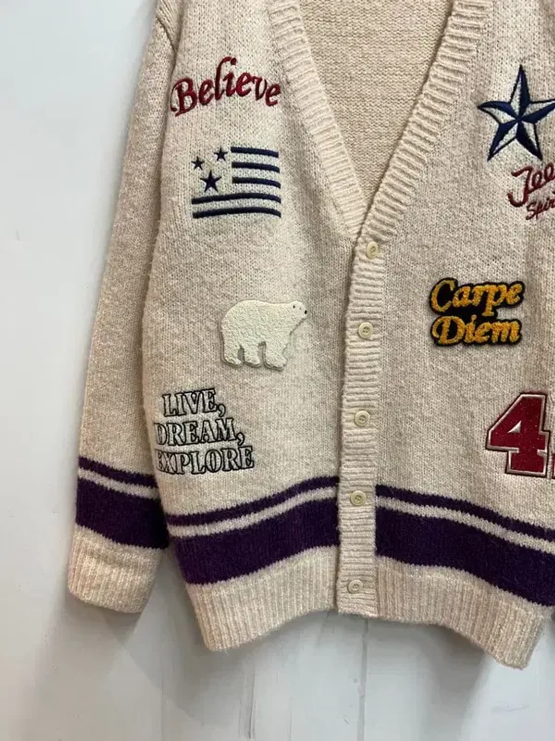 프리 지프 오버핏 스피릿 아이보리 패치 니트 가디건 상품이미지3