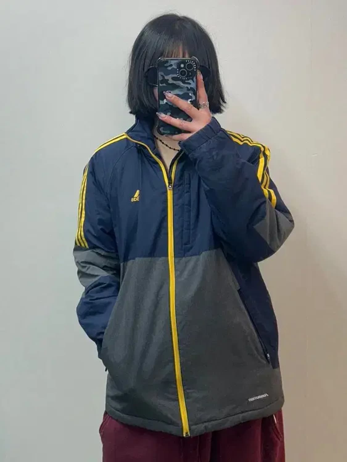 95 아디다스 배색 옐로우 삼선 포모션 패디드 폴리 패딩 재킷 네이비 상품이미지1