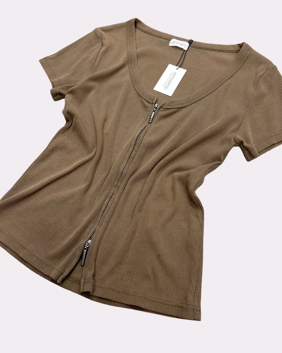 brown ribbed zip-up t-shirt 상품이미지3