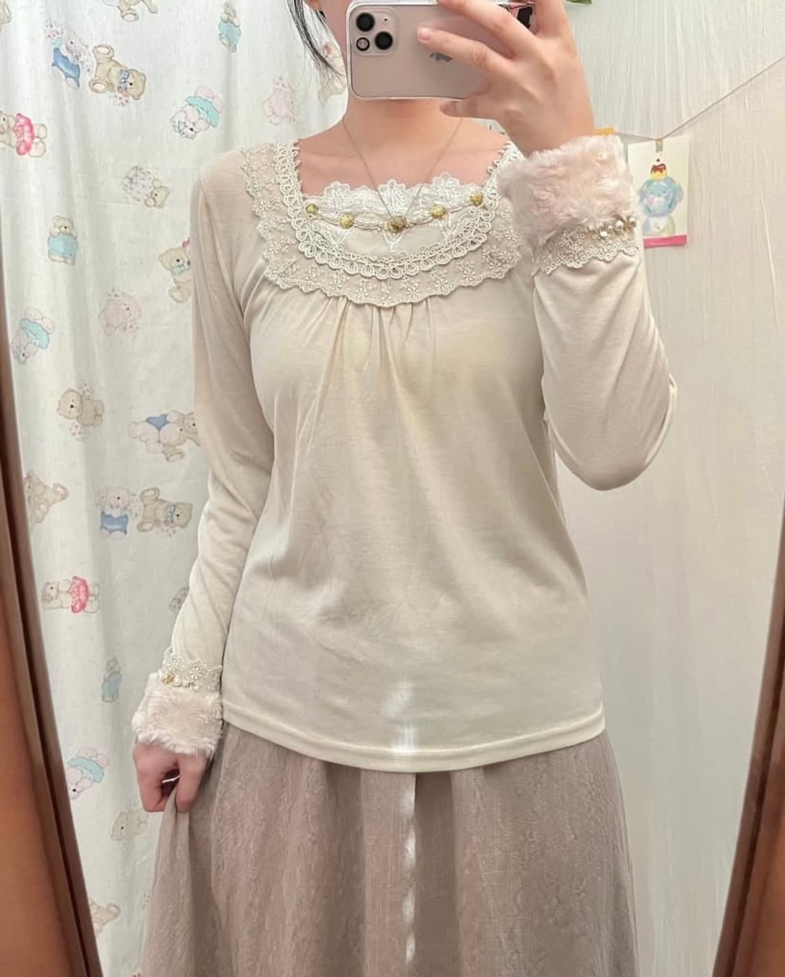 엑시즈팜 소매 퍼 레이스 티셔츠 상품이미지1