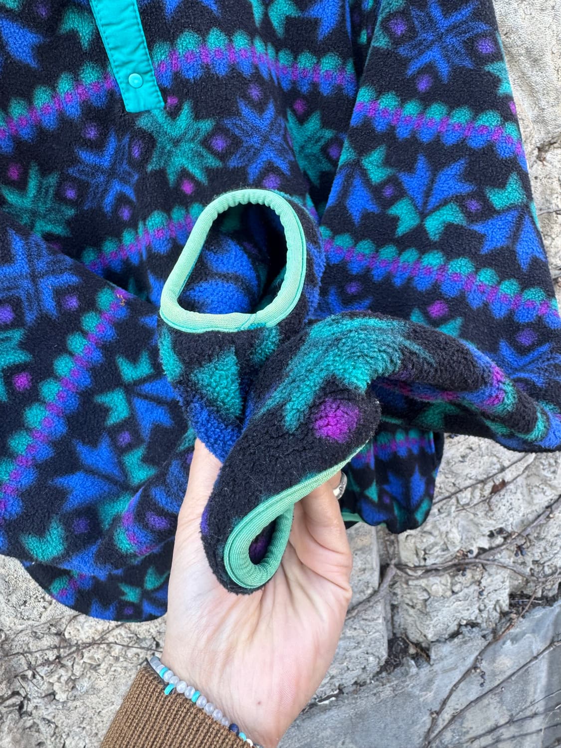 90s 엘엘빈 빈티지 노르딕 아즈텍 패턴 풀오버 플리스 스냅 티 상품이미지6