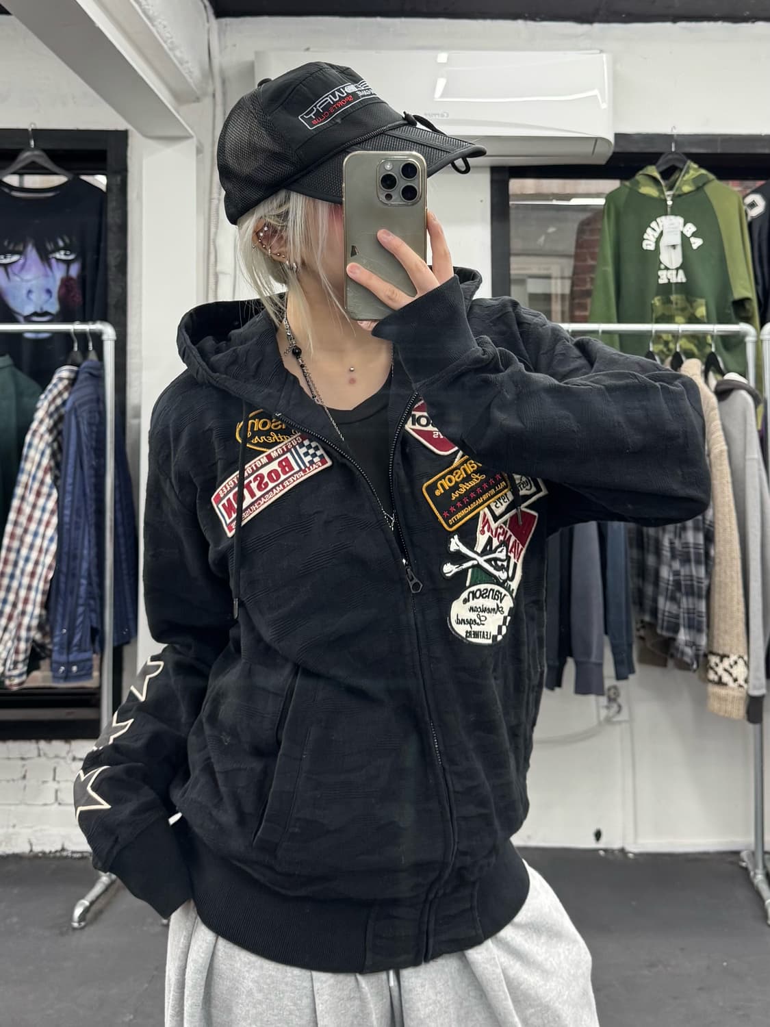 밴슨 레더 패치워크 카모 후드집업 상품이미지1