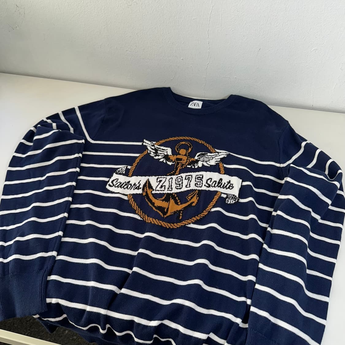 XL 자라 네이비 닻로고 얇은 라운드면니트 상품이미지1
