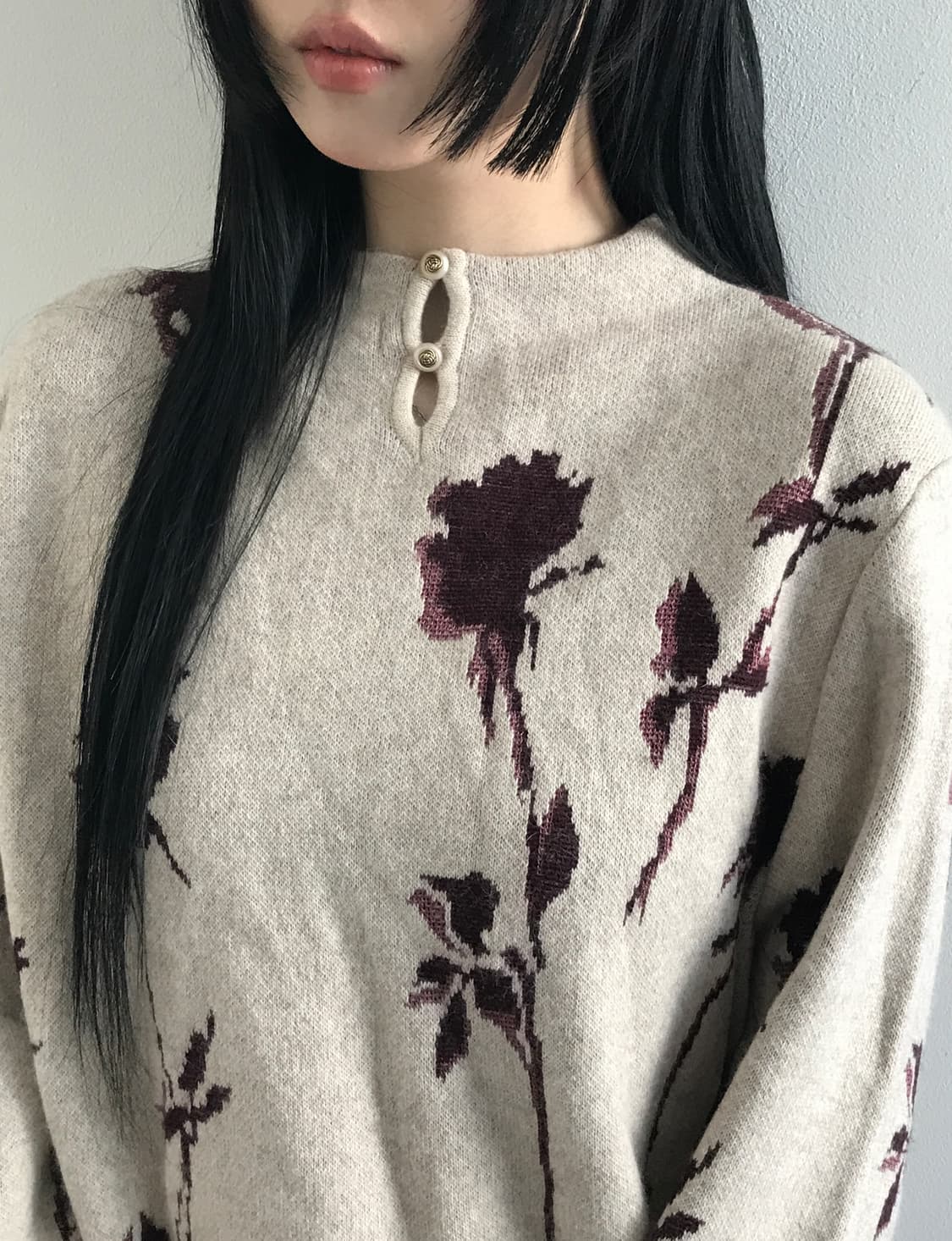 (Vintage)Half neck button rose knit 상품이미지4