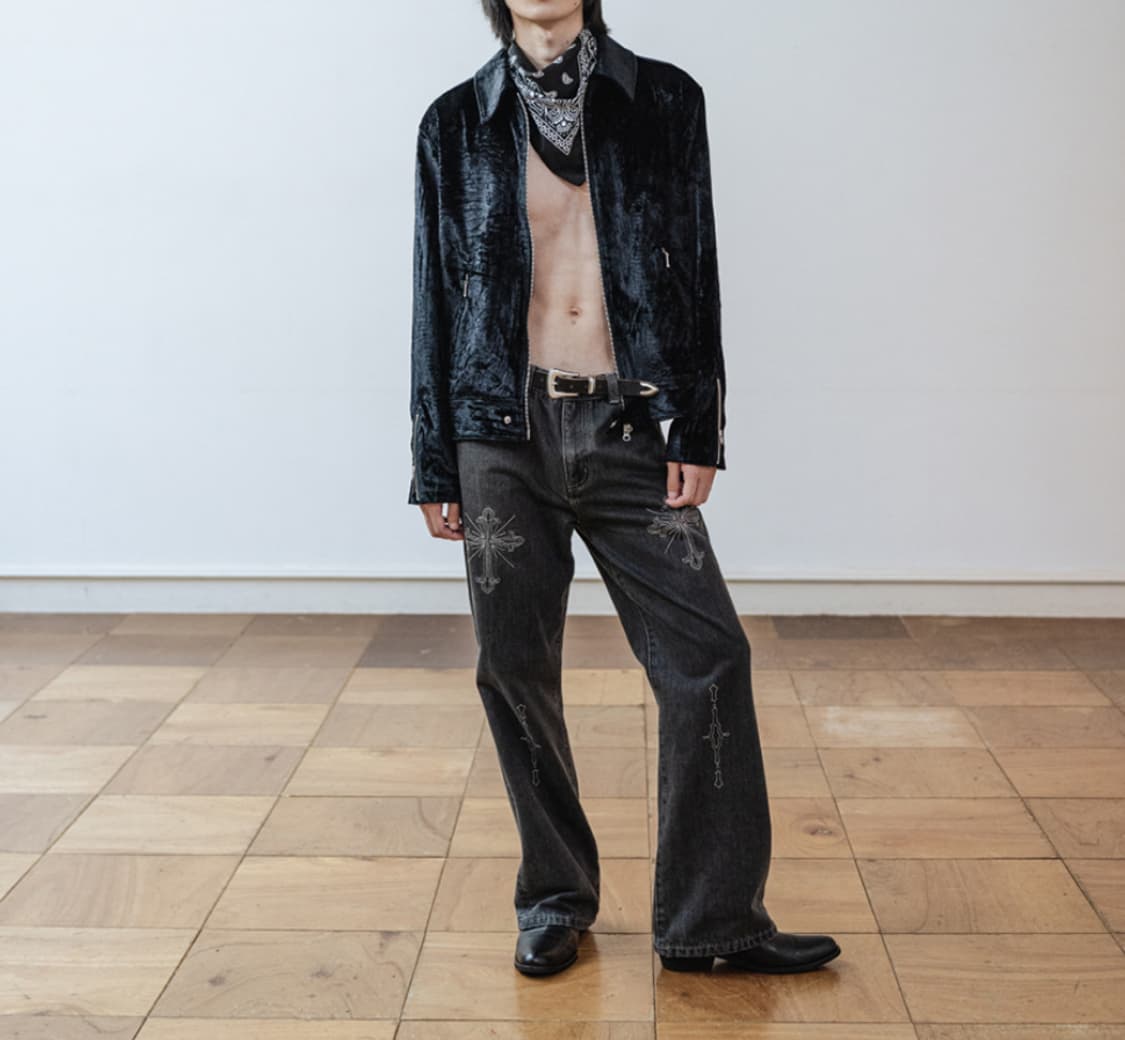 32 새제품) 비슬로우 세미 부츠컷 데님 블랙 웨스턴 청바지 고딕 자수 상품이미지8