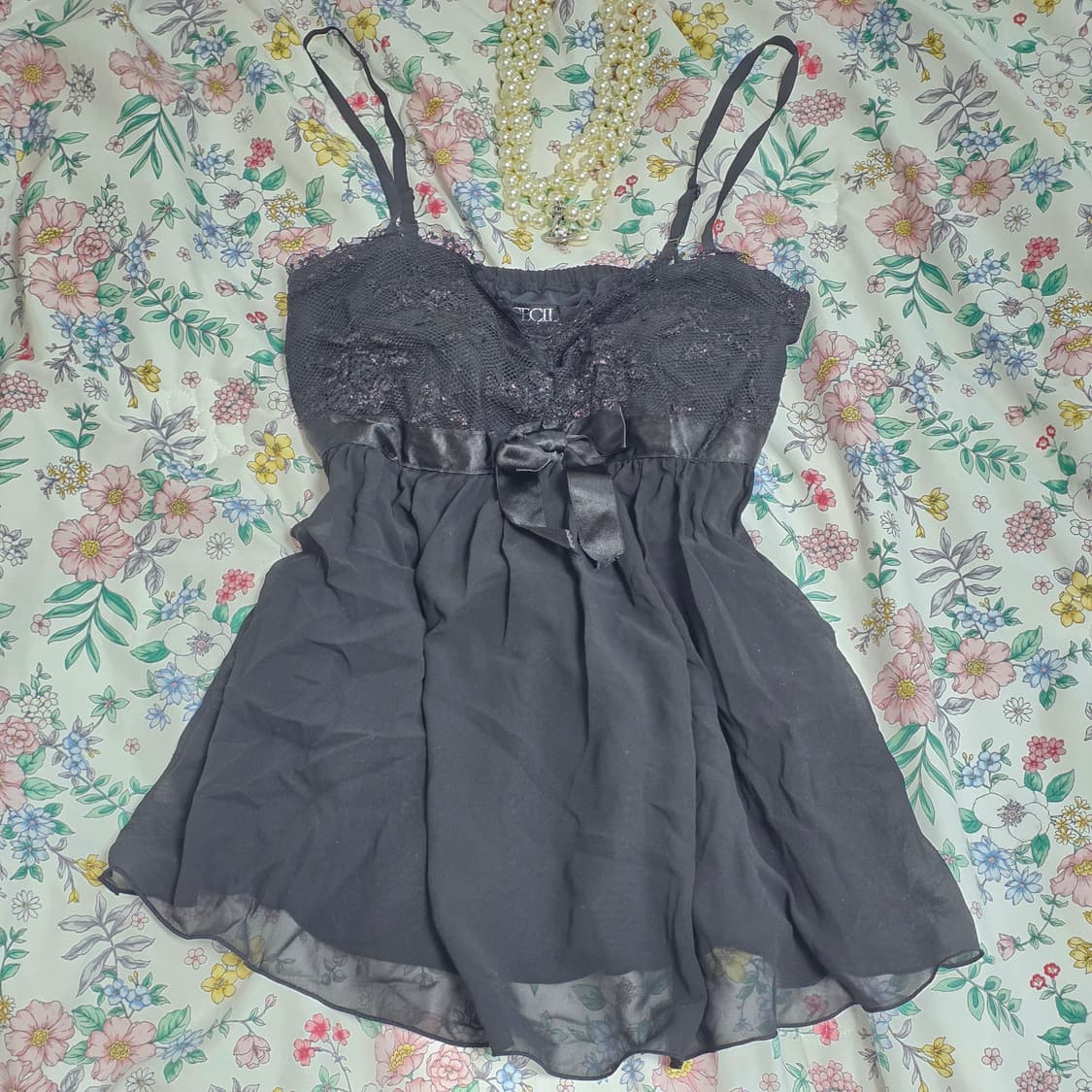 세실맥비 일본빈티지)오네갸루st 대장 y2k 레이스 리본 쉬폰 슬리브리스 상품이미지1