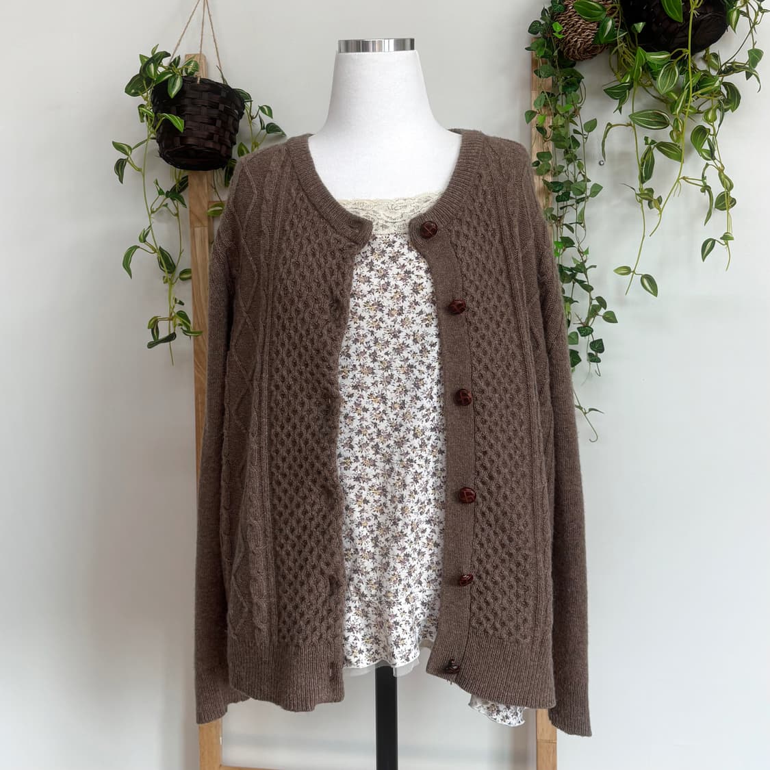 JPN/ 브라운 케이블 니트 가디건 모리걸가디건 브라운가디건 상품이미지1