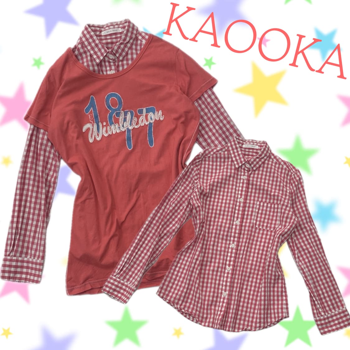 🍑데코라 괴짜룩 피치맛 코디세트🍑레이어드 체크 셔츠 프린팅 반팔 상품이미지1