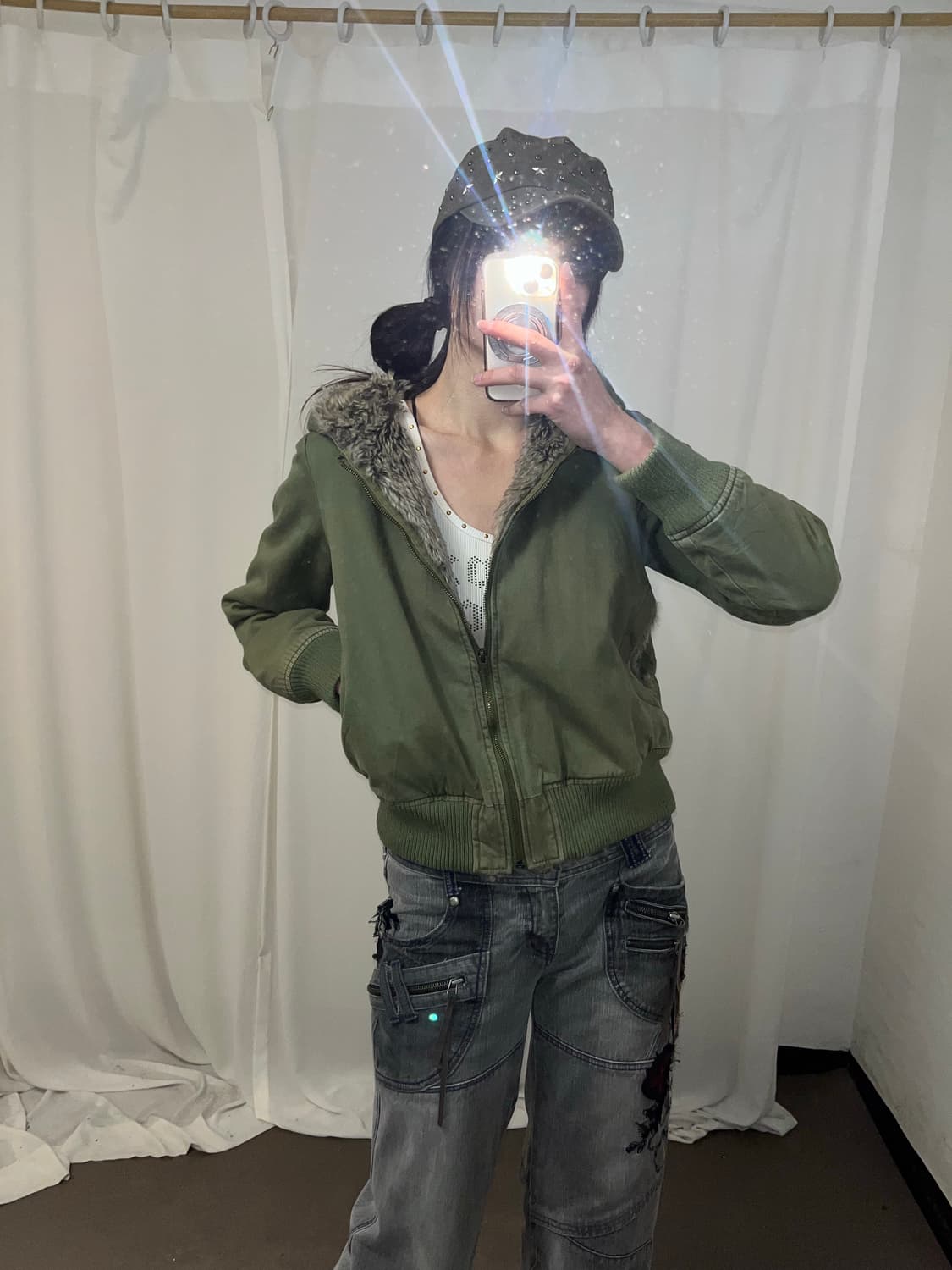 Y2K 카키 퍼 후드집업 상품이미지3