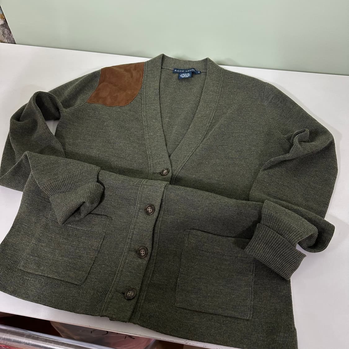 우먼M-L 폴로 랄프로렌 카키 염소가죽패치 메리노울 가디건 상품이미지1