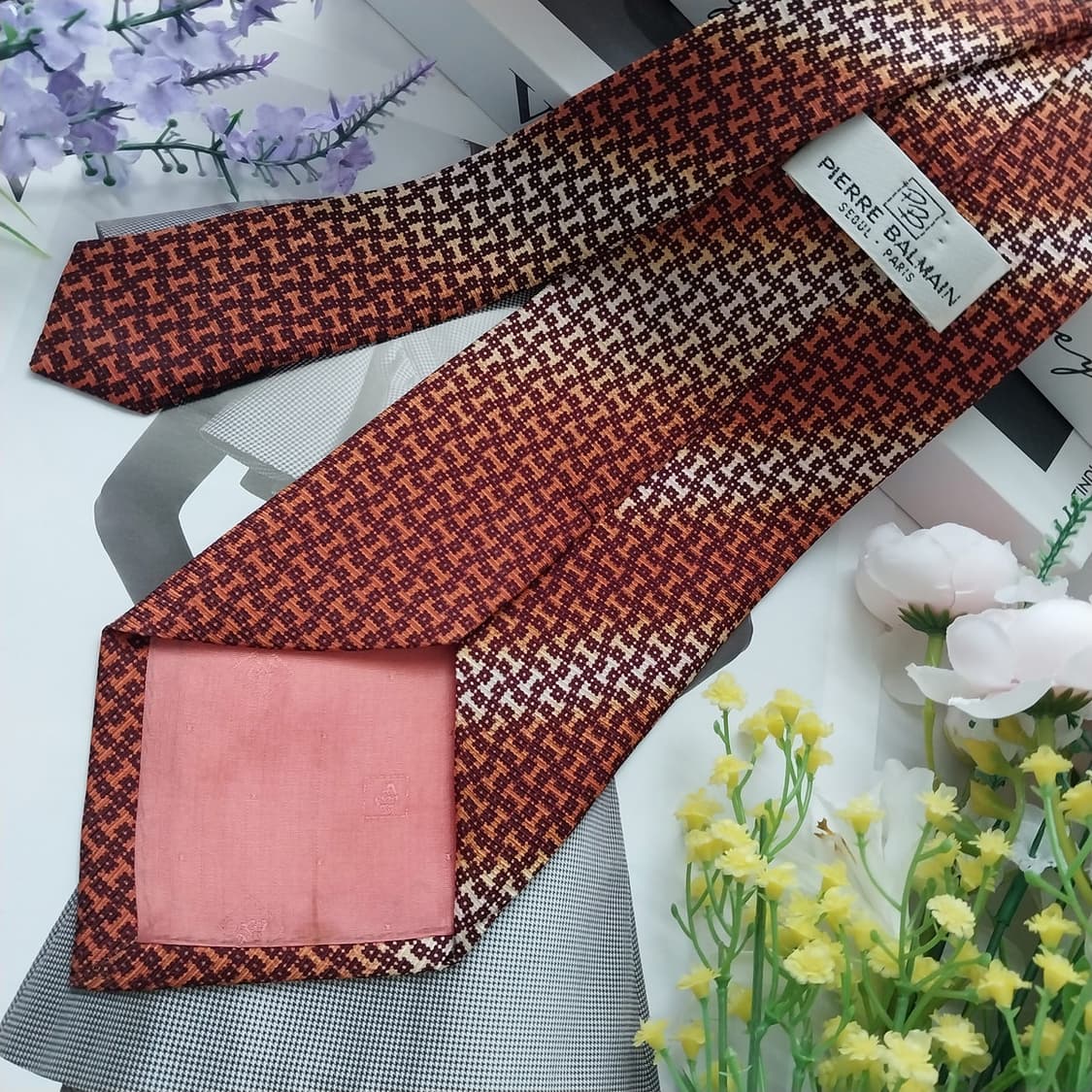 피에르 발망 실크 오렌지 체크 넥타이 9.9cm A등급 K1180
 상품이미지4