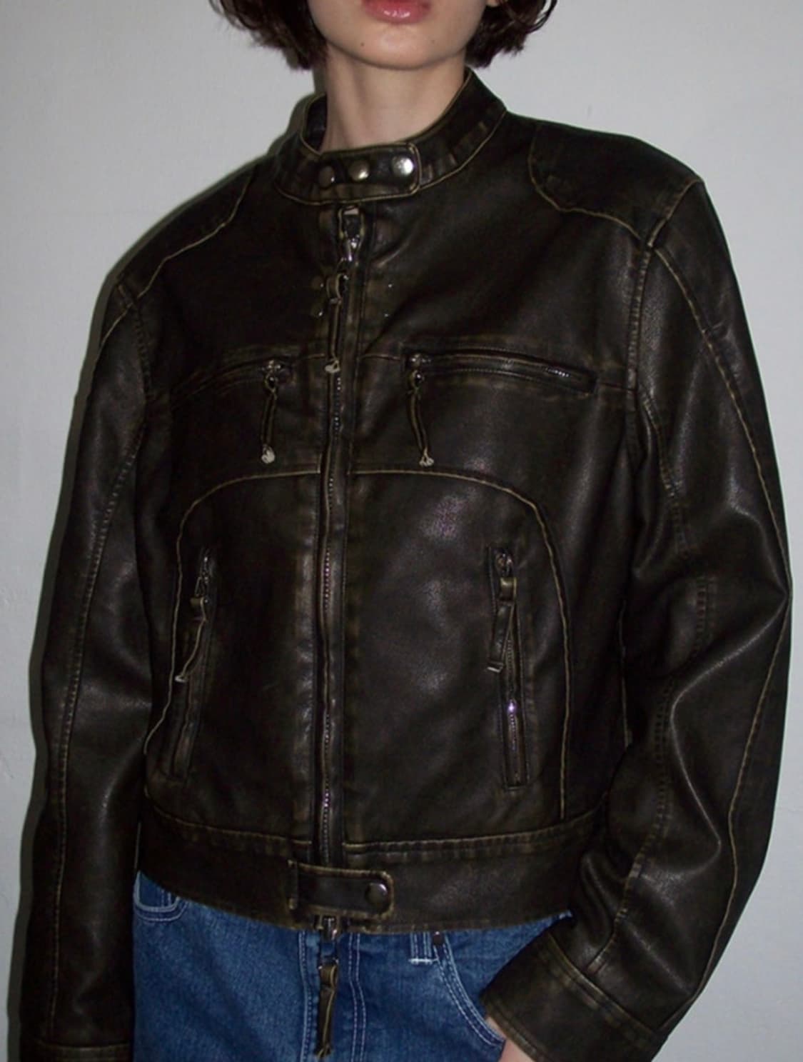 파르티멘토우먼 워시드 레더 바이 가죽 자켓 브라운 카키 s 상품이미지2