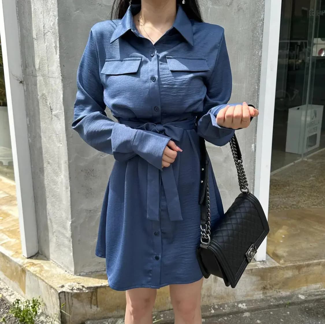 새틴 벨트 블라우스 원피스 셔츠원피스 상품이미지1