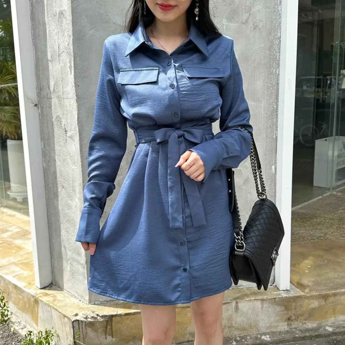 새틴 벨트 블라우스 원피스 셔츠원피스 상품이미지2