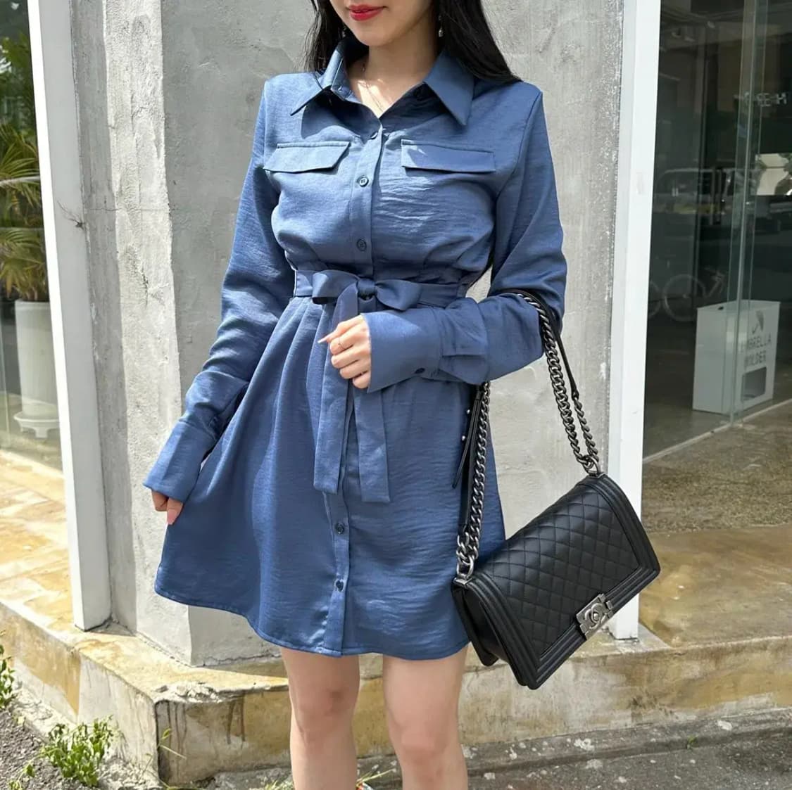 새틴 벨트 블라우스 원피스 셔츠원피스 상품이미지3