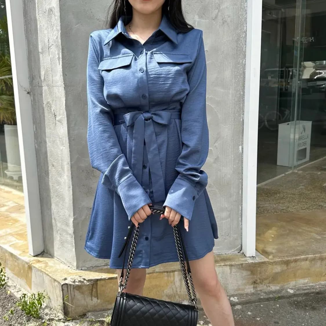 새틴 벨트 블라우스 원피스 셔츠원피스 상품이미지4