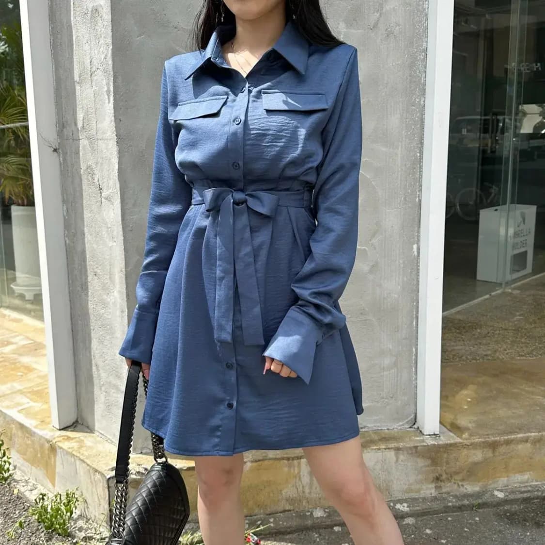 새틴 벨트 블라우스 원피스 셔츠원피스 상품이미지5