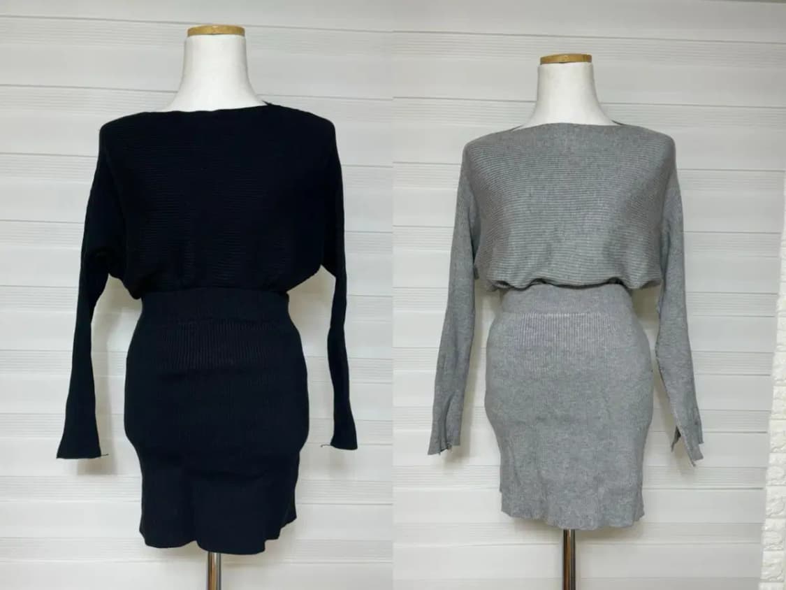 골지 투피스(입술넥 가오리핏 티셔츠+h라인 미니 스커트) 블랙 그레이 상품이미지1