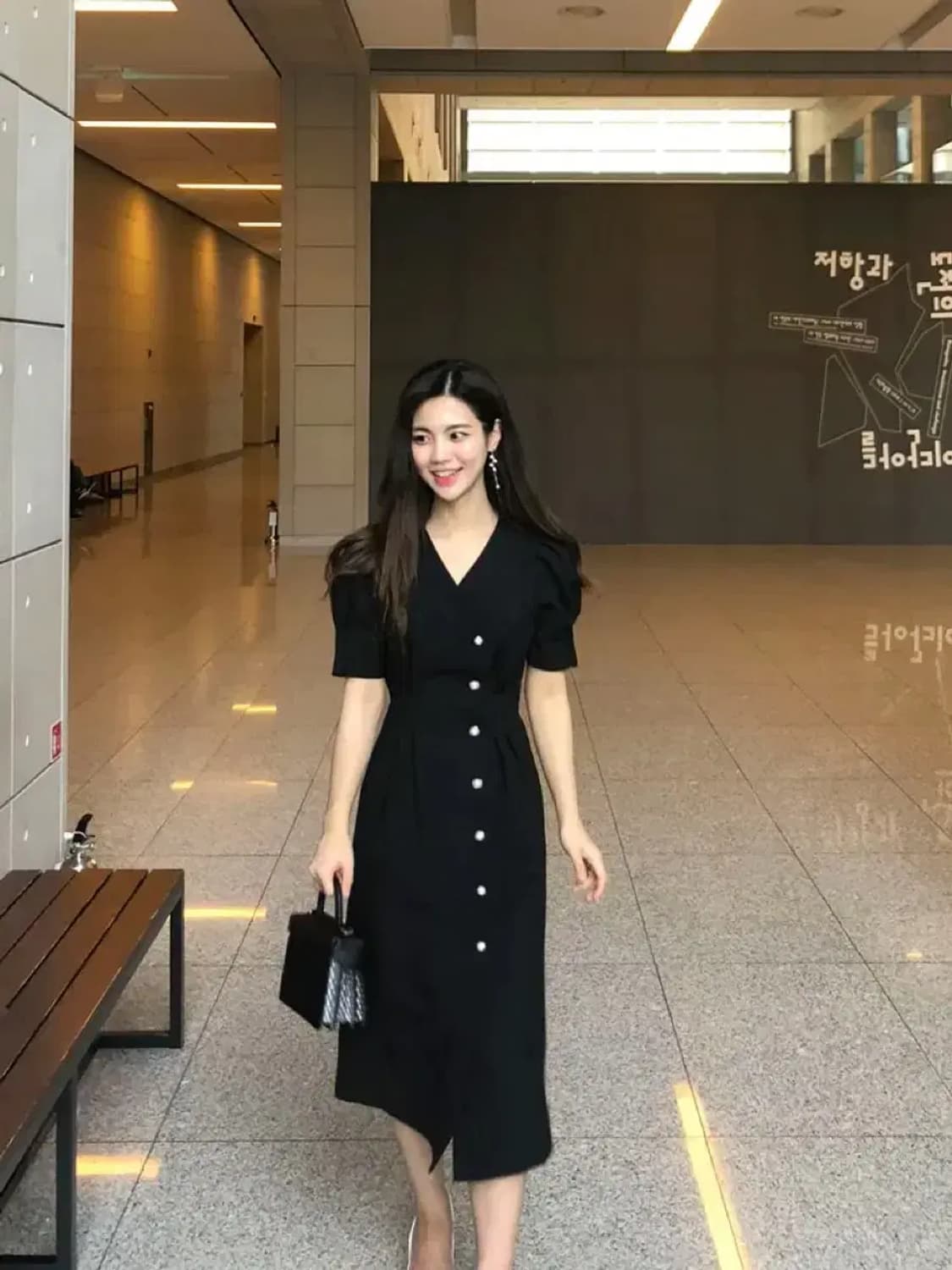 진주 단추 퍼프 롱 원피스 상품이미지2