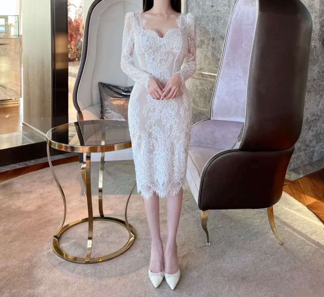 고퀄 퍼프 레이스 미디 원피스 스몰 상품이미지5