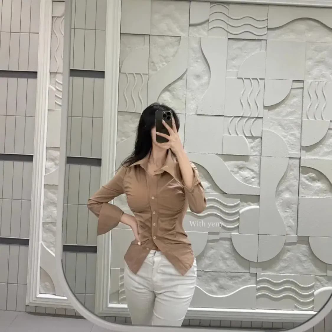 셔링 스판 카라 긴팔 블라우스 브라운 상품이미지2
