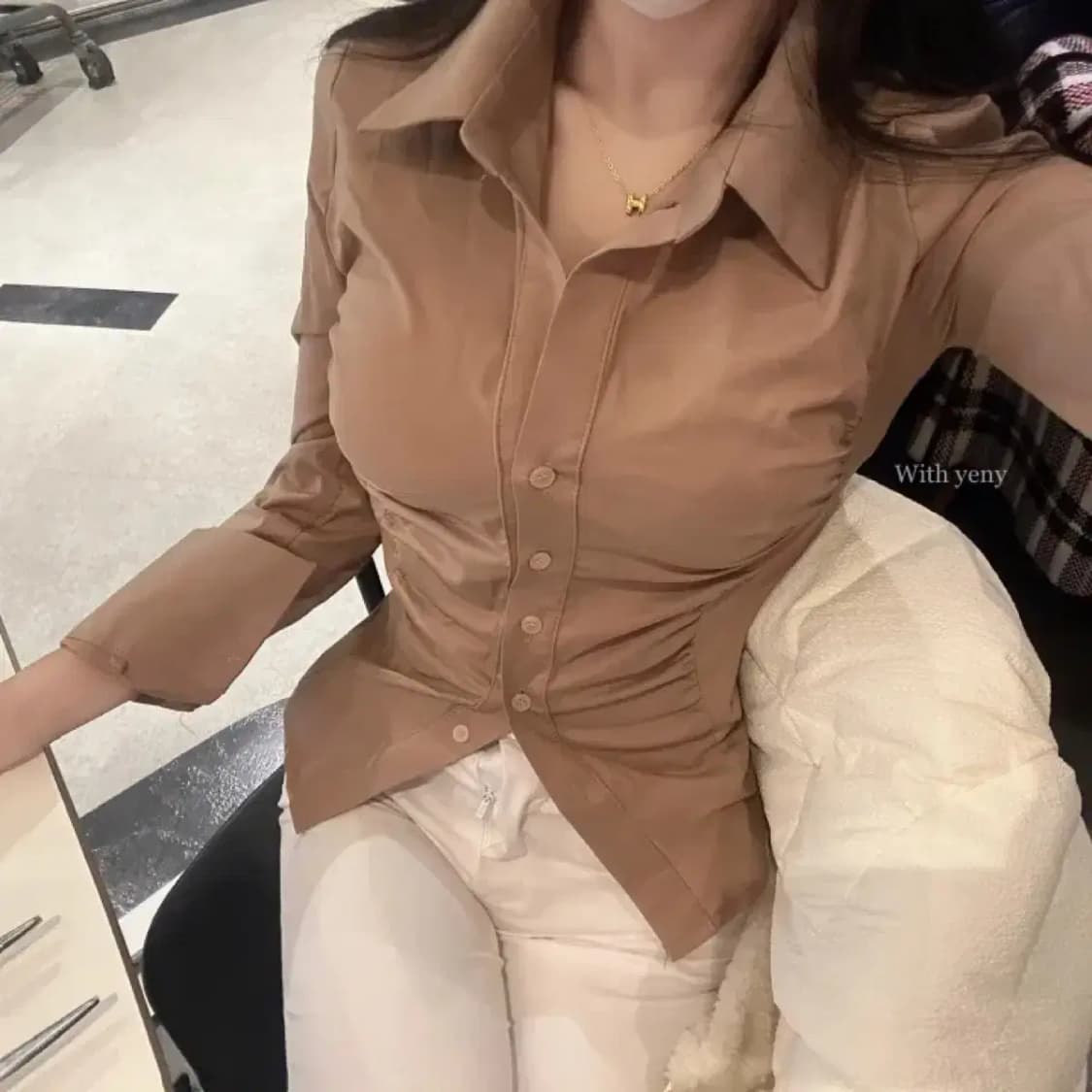 셔링 스판 카라 긴팔 블라우스 브라운 상품이미지3