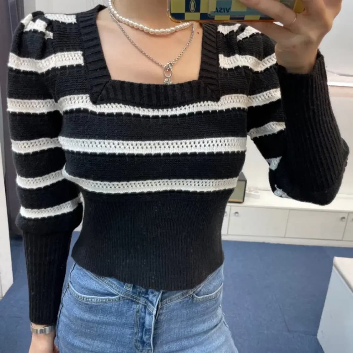 스퀘어넥 스트라이프 단가라 퍼프 니트 크롭 상품이미지2