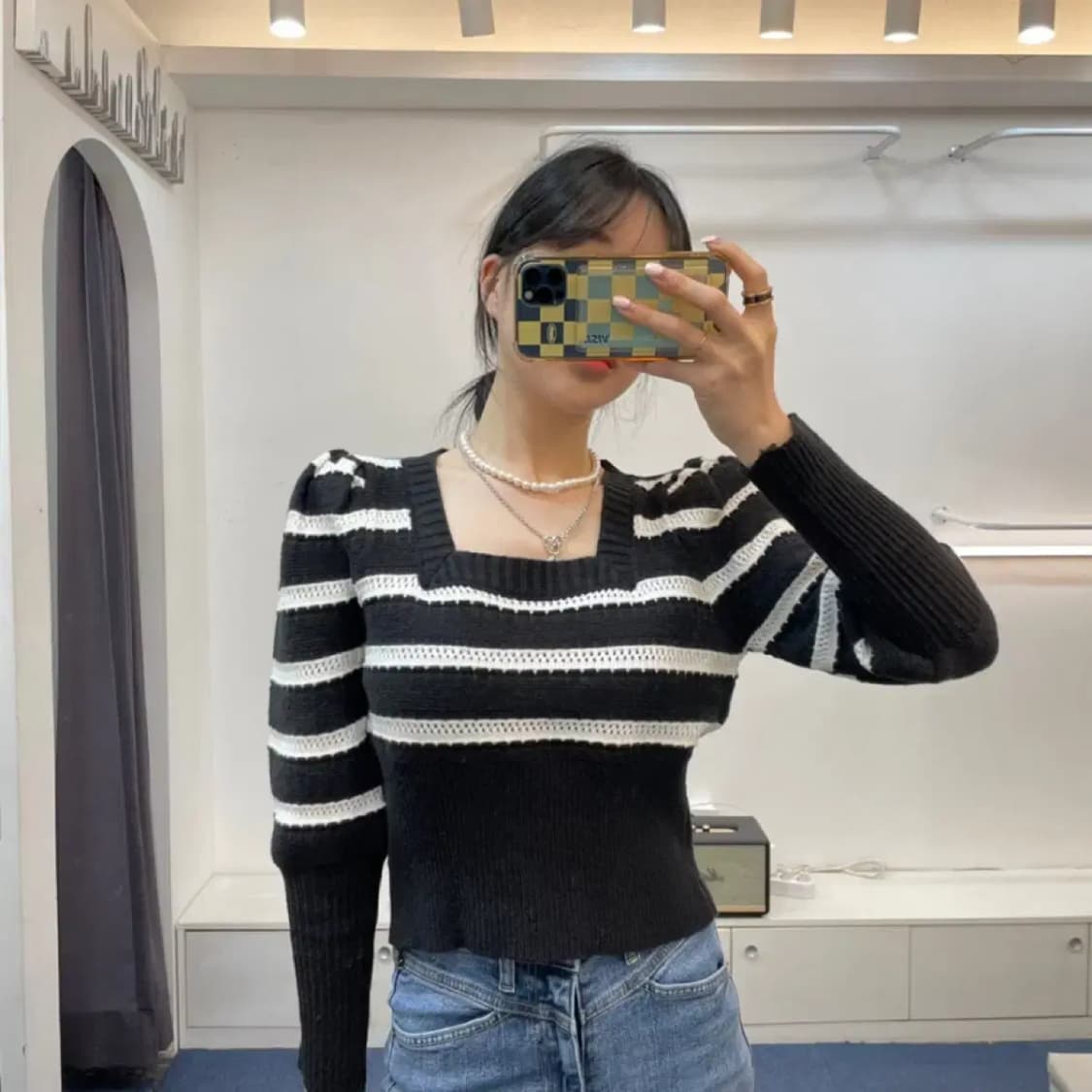 스퀘어넥 스트라이프 단가라 퍼프 니트 크롭 상품이미지3