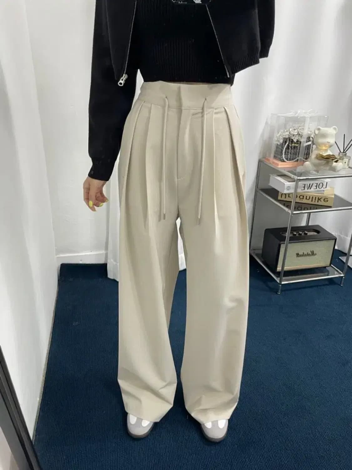 와이드 끈 스트링 뒷밴딩 롱 슬랙스 아이보리 상품이미지1