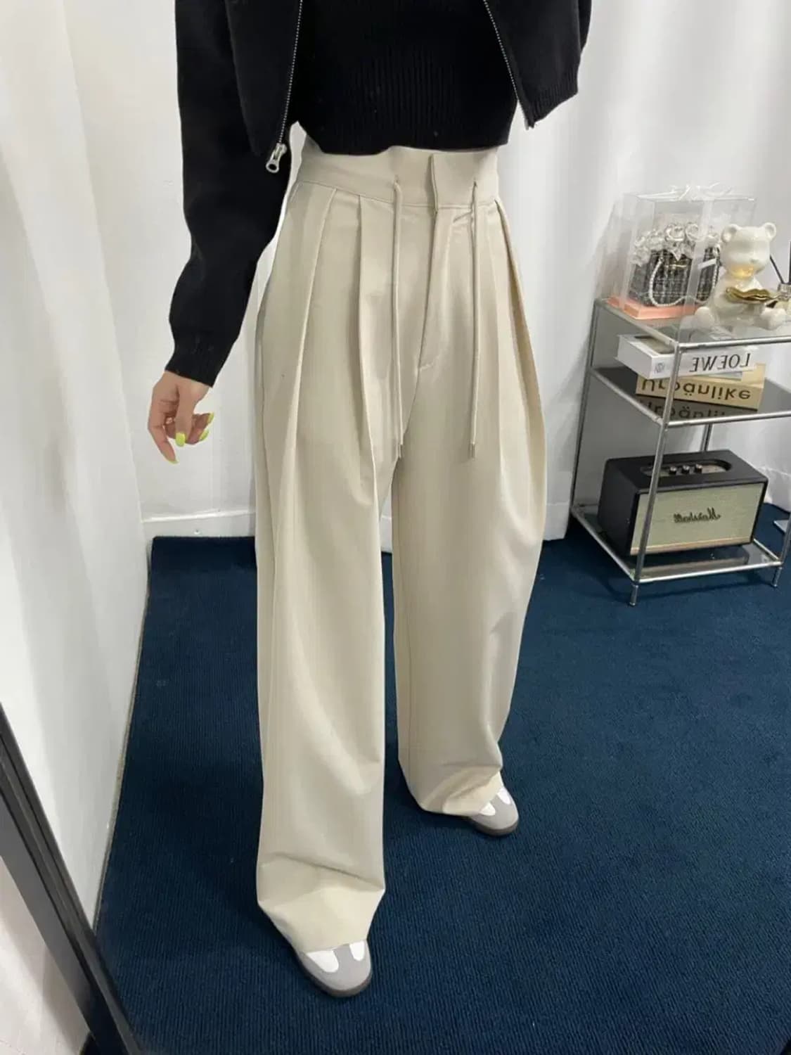 와이드 끈 스트링 뒷밴딩 롱 슬랙스 아이보리 상품이미지2