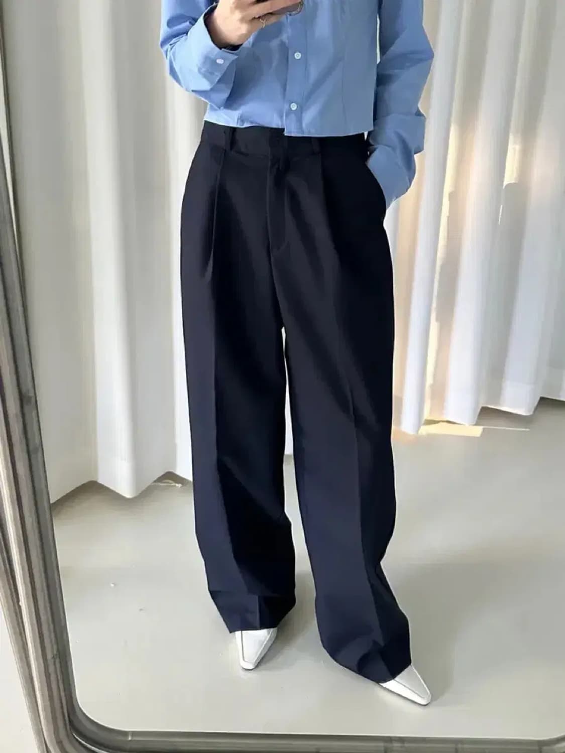 와이드 롱 슬랙스 스몰 네이비 상품이미지2